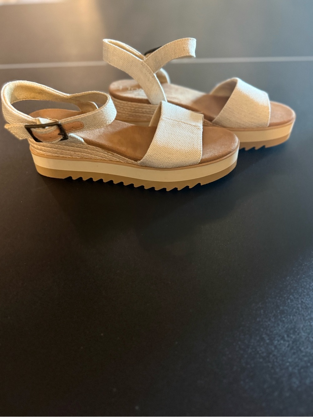 Toms Cream Canvas Platform Sandal with Buckle Strap